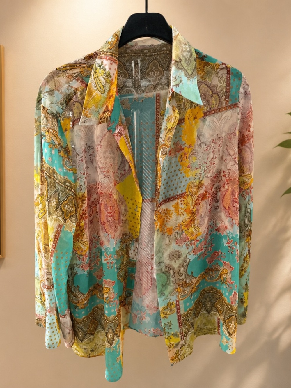 Zara Turquoise Yellow Pink Paisley Patchwork Sheer Button-Down Shirt